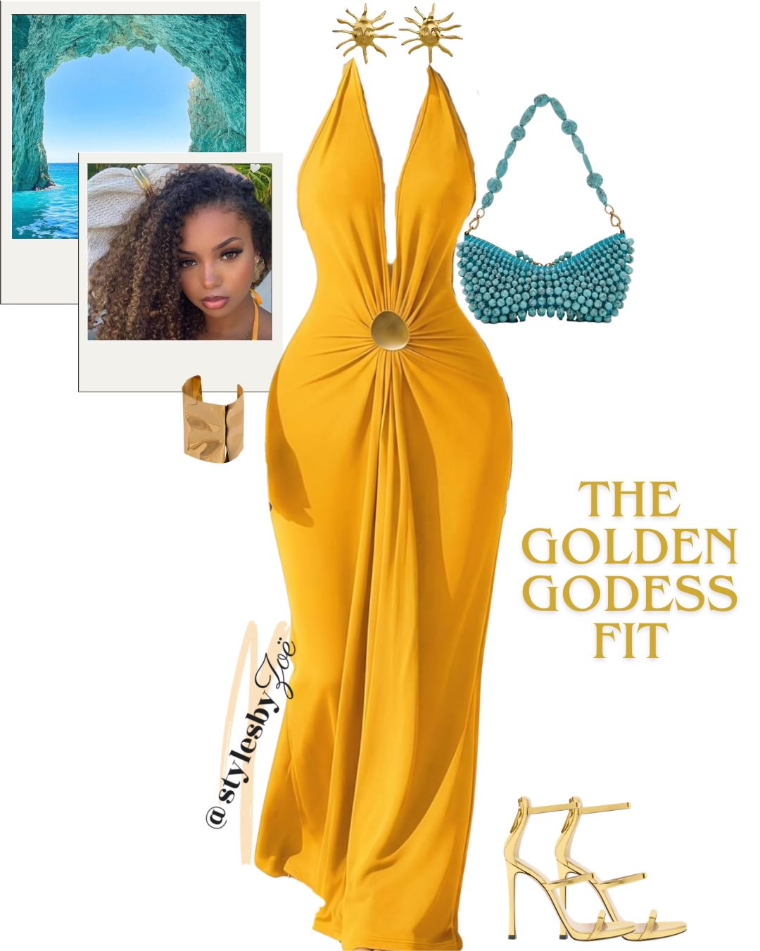 A Golden Halter Gown with Turquoise Accents: Vacation Glamour with Real Presence