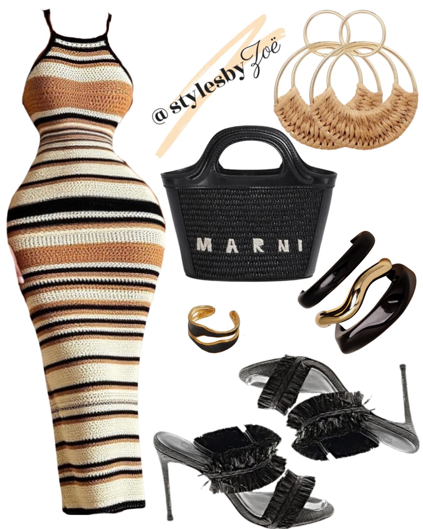 A Striped Crochet Column Dress with Black Raffia Accessories: Resort Dressing with a Stronger Edge