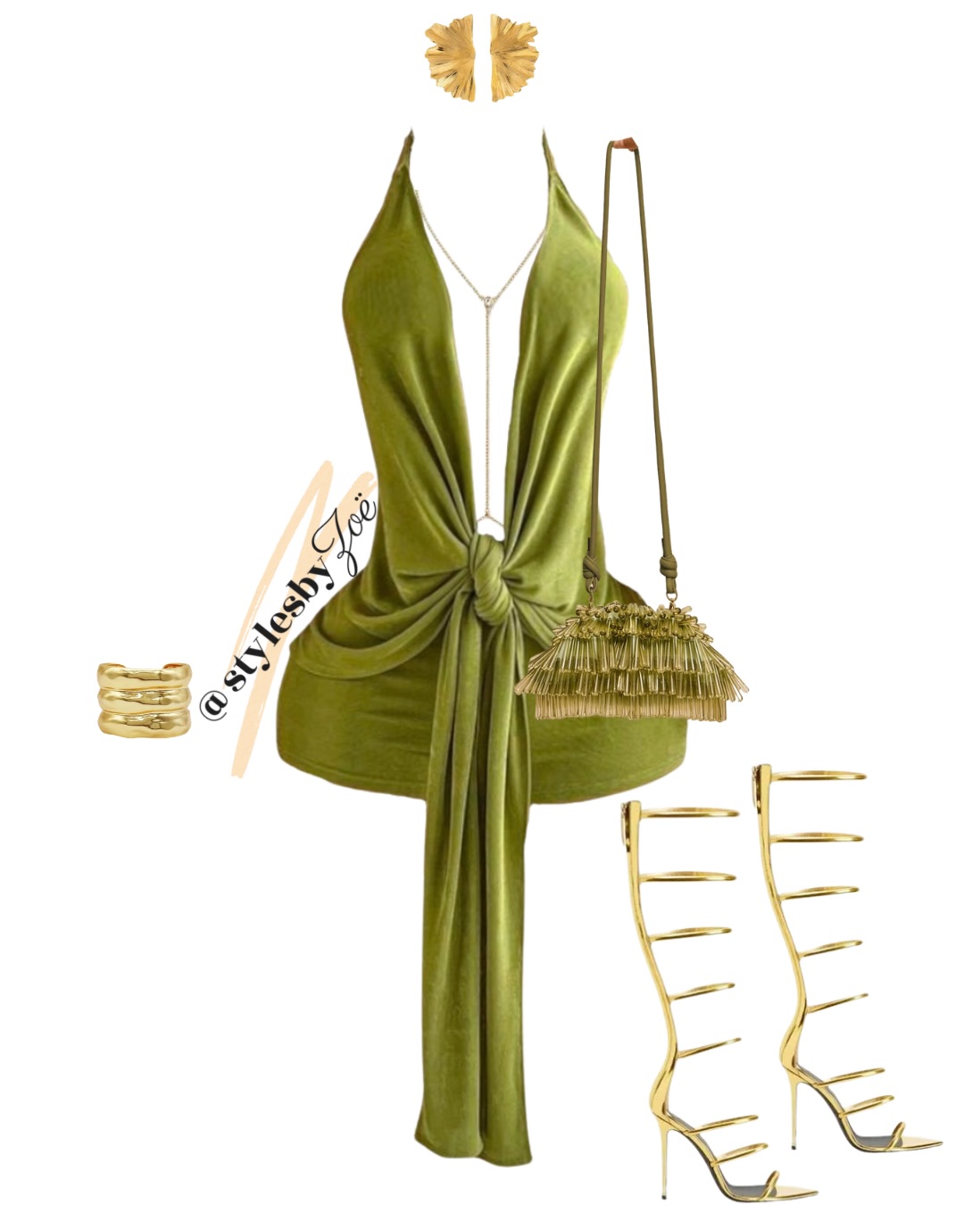An Olive Draped Mini Dress and Gold Cage Heels: The Sharpest Way to Style a Deep Green Tone